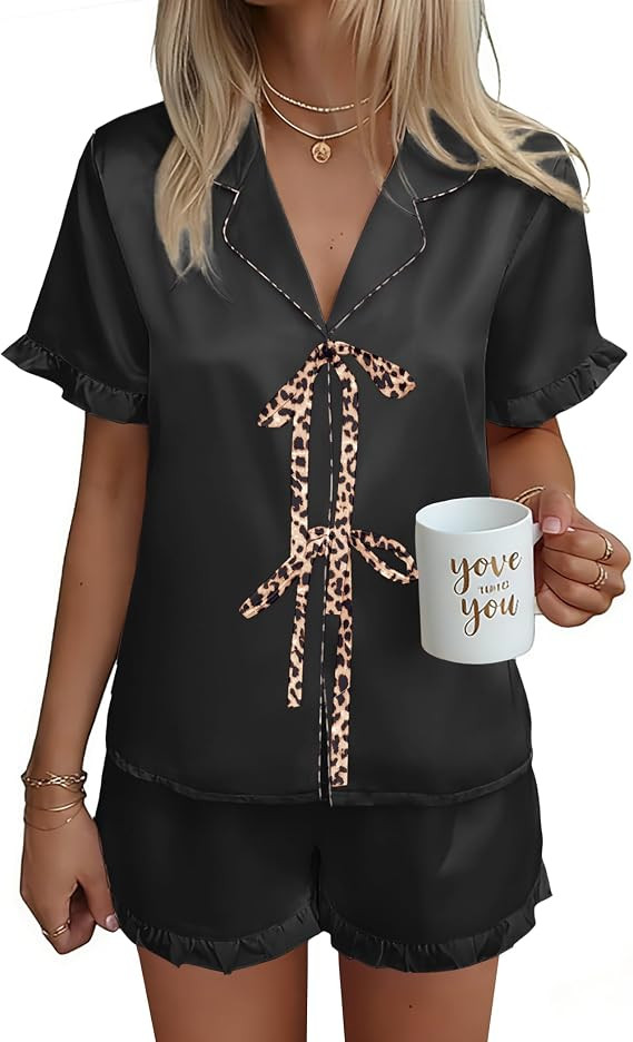 Ekouaer Satin Pajama for Women Short Sleeve Silky Pj Short Set Bow Front Tie Up Loungewear Sleepw... | Amazon (US)