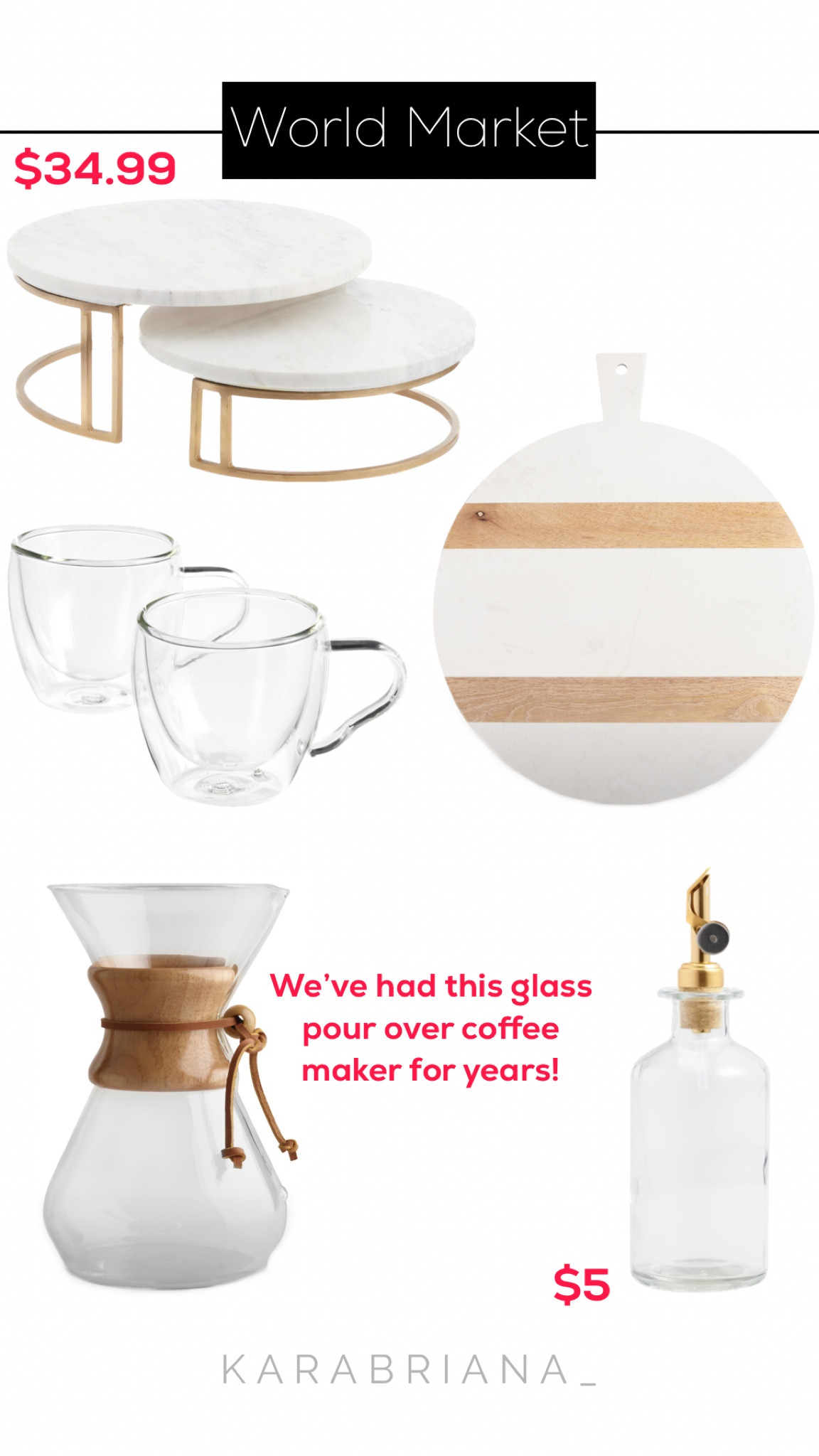 World market has so many great things at an affordable price point! We’ve had this pour over glass coffee maker for years and it works so great for us! I saw these glass mugs that were super cute. This oil dispenser is only five dollars! I love stacking cutting boards in the kitchen, this one is so pretty. 

#LTKstyletip #LTKhome #LTKFind