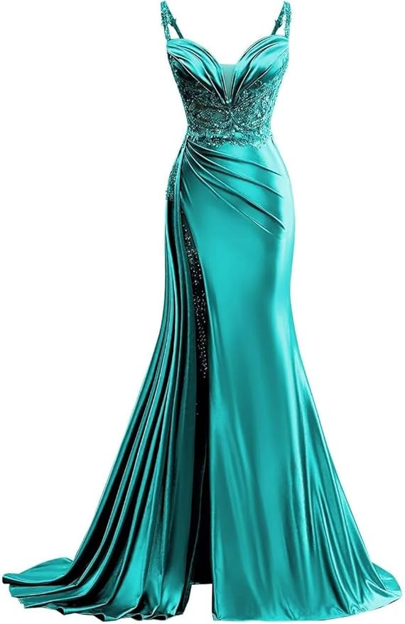 dufetin Off Shoulder Satin Prom Dresses with Slit 2025 Beads Appliques Long Mermaid Evening Gowns | Amazon (US)