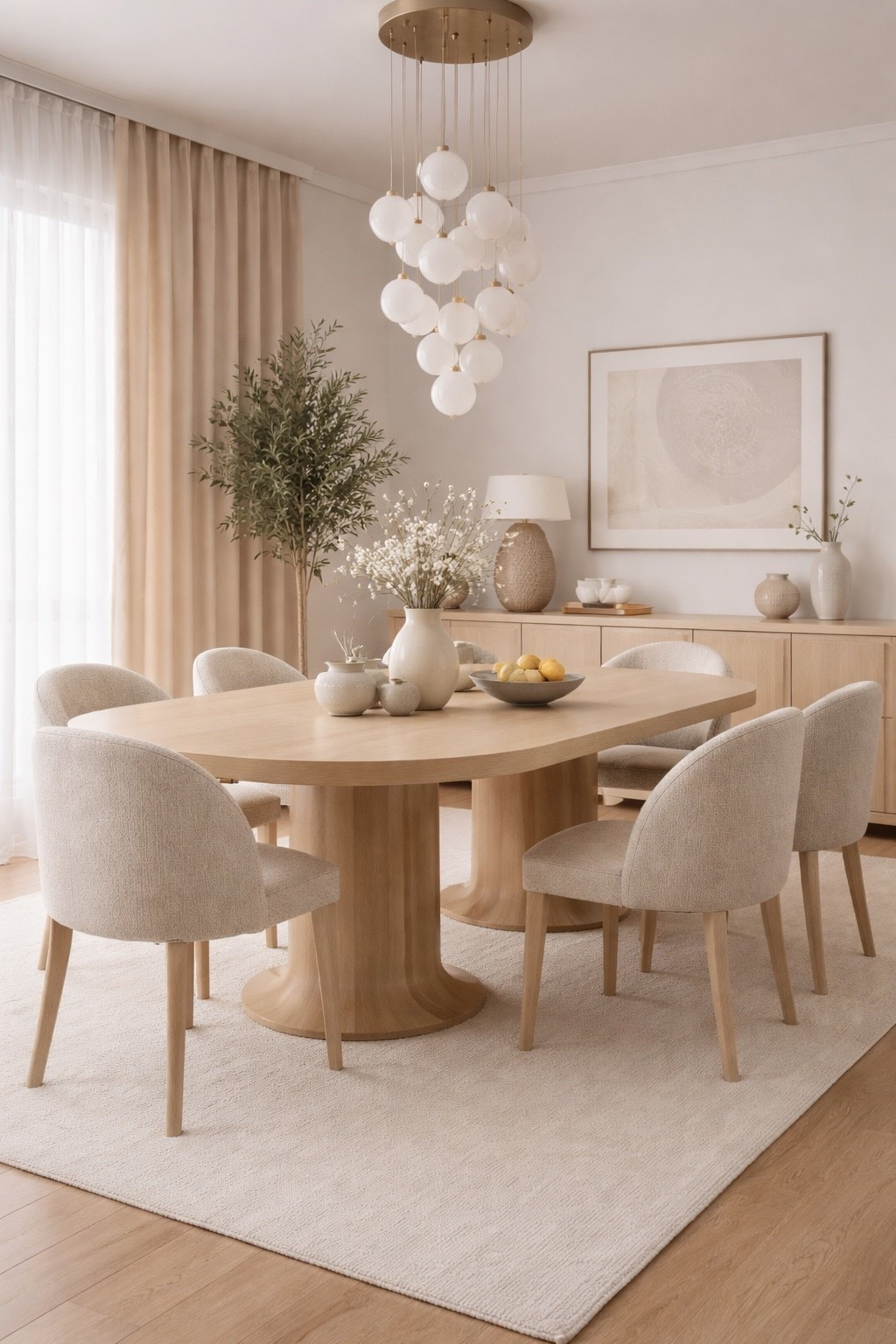 Beautiful Japandi inspired dining room with a round wooden pedestal table, soft upholstered beige chairs and a modern globe chandelier. Warm neutral tones, natural textures and minimal decor create a calm and elegant modern interior perfect for contemporary homes.

#japandi #japandiinterior #diningroomdesign #rounddiningtable #neutralhome #moderninterior #minimalisthome #interiorinspo #luxuryinterior #warmminimalism #pinteresthome #diningroomdecor #homedecorideas #modernhome #interiordesigninspo