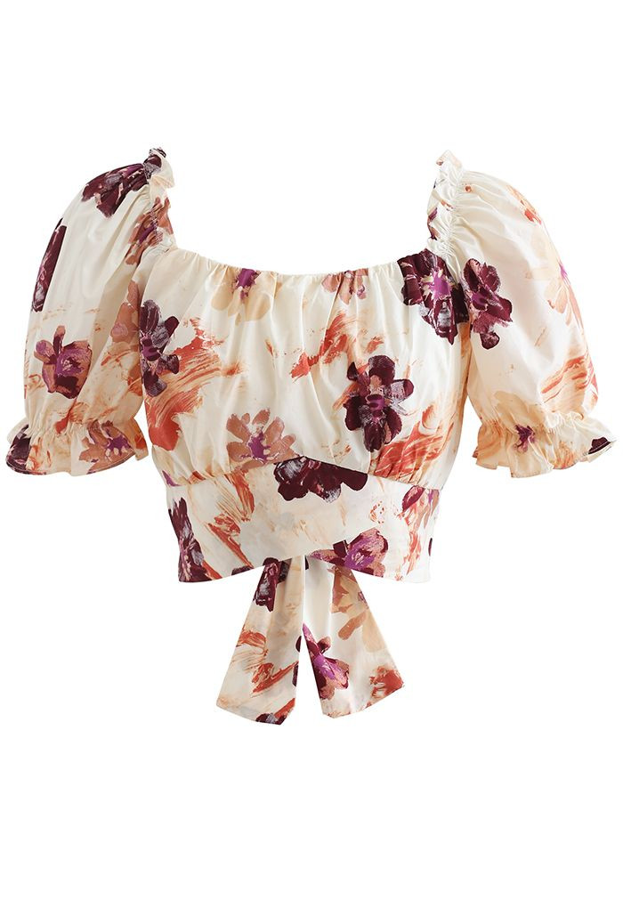 Bowknot Back Floral Print Crop Top in Cream | Chicwish