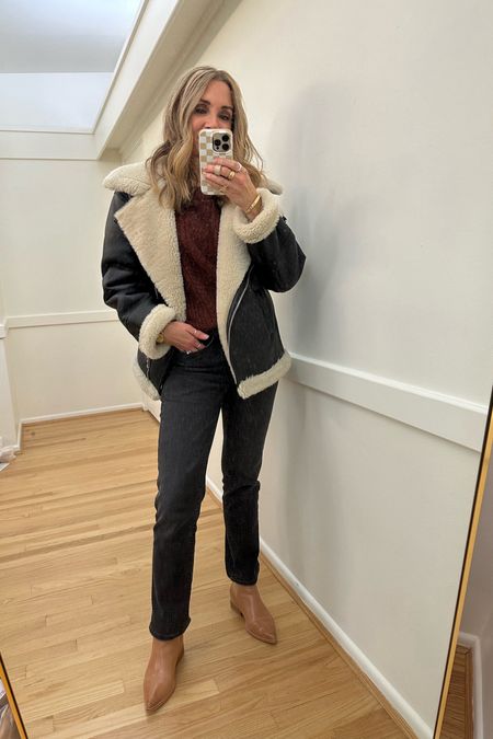 Weekend winter outfit! Shearling faux leather jacket with burgundy sweater, washed black slim straight jeans and brown boots. Mango, Kohls, Frankie4

#LTKover40 #LTKstyletip #LTKfindsunder50