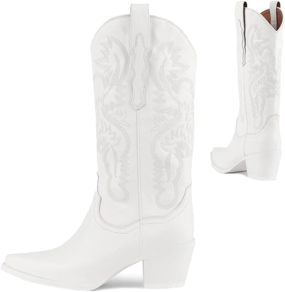 CYNLLIO Western Cowgirl Boots for Women Embroideried Chunky Heel Wide Mid Calf Boots Pull on Pointed | Amazon (US)