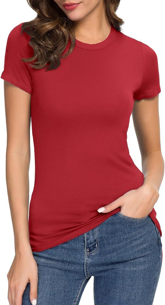 Women's Crewneck Slim Fitted Short Sleeve T-Shirt Stretchy Bodycon Basic Tee Tops | Amazon (US)