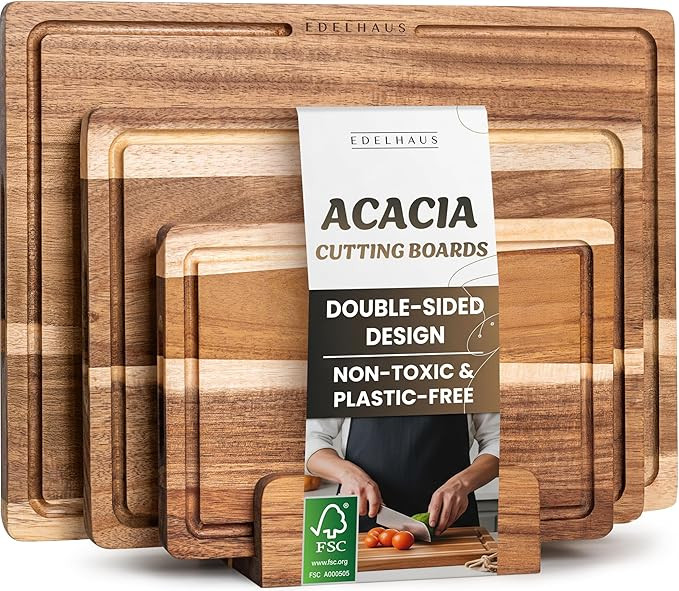 Acacia Wood Cutting Board for Kitchen, Non-Toxic Cutting Board Set of 3, Chopping Boards with Dee... | Amazon (US)