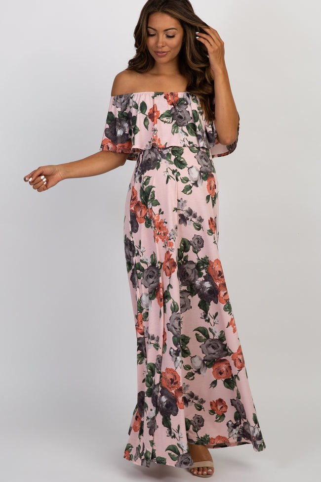 PinkBlush Light Pink Rose Off Shoulder Maternity Maxi Dress | PinkBlush Maternity