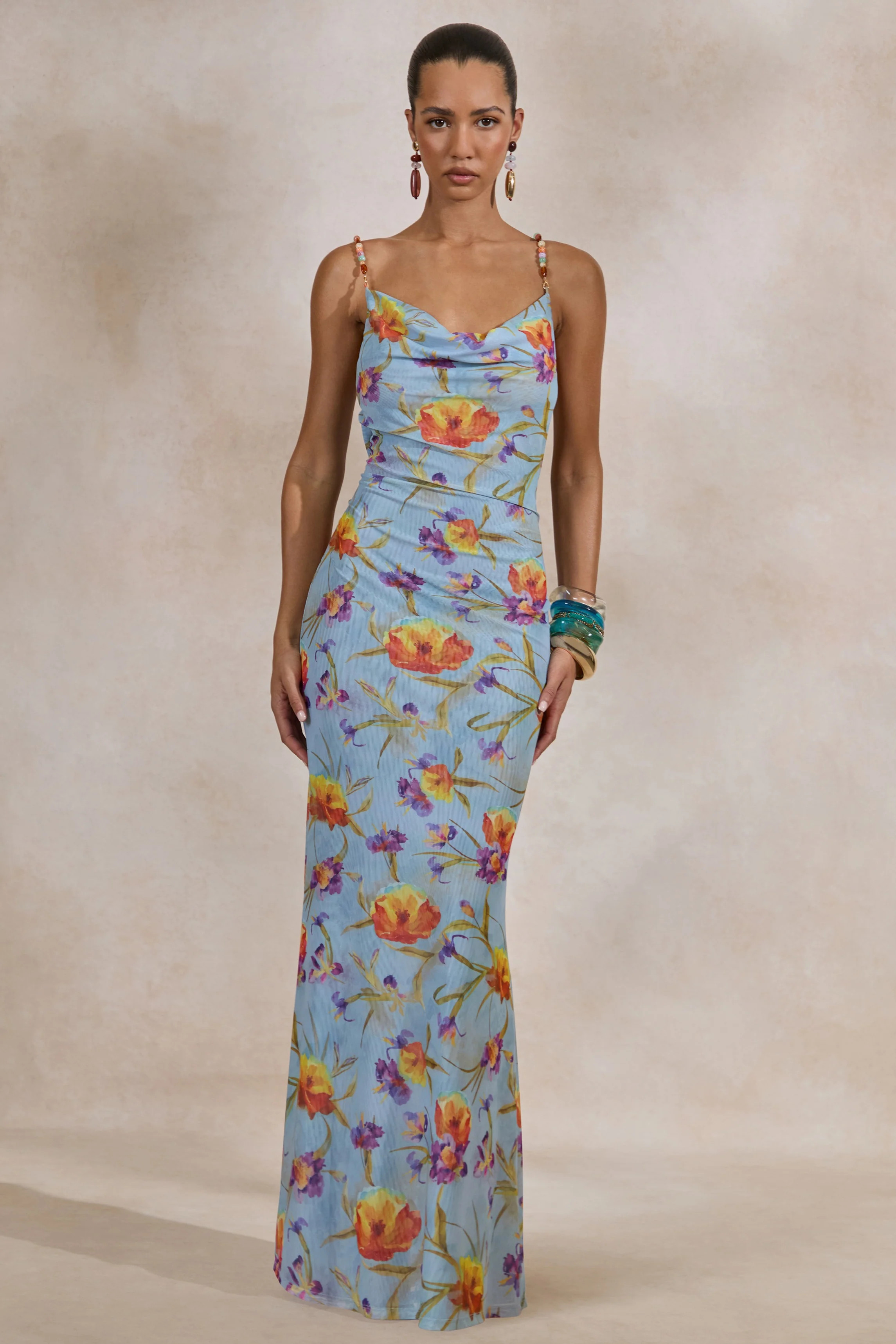 Raisa | Blue Floral Mesh Cowl-Neck Maxi Dress | Club L London