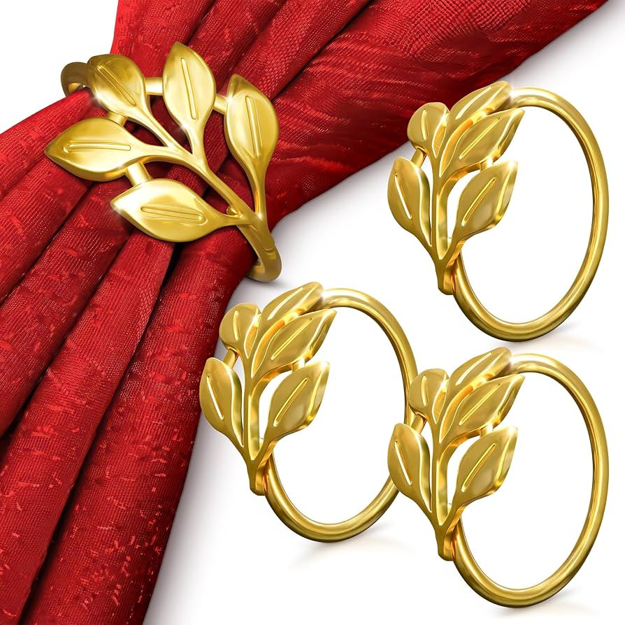Thanksgiving Napkin Rings Set of 12 – Christmas Gold Leaf Napkin Rings Set | Elegant Design for... | Amazon (US)