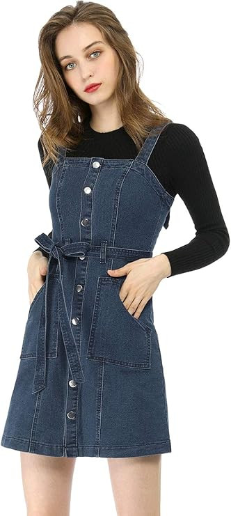 Allegra K Women's Classic Adjustable Strap A-Line Overall Denim Dress | Amazon (US)