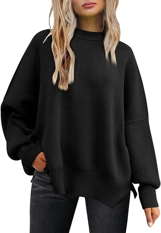 EFAN Women's Crewneck Oversized Sweaters Batwing Sleeve Side Slit Ribbed Knit Pullover Sweater | Amazon (US)