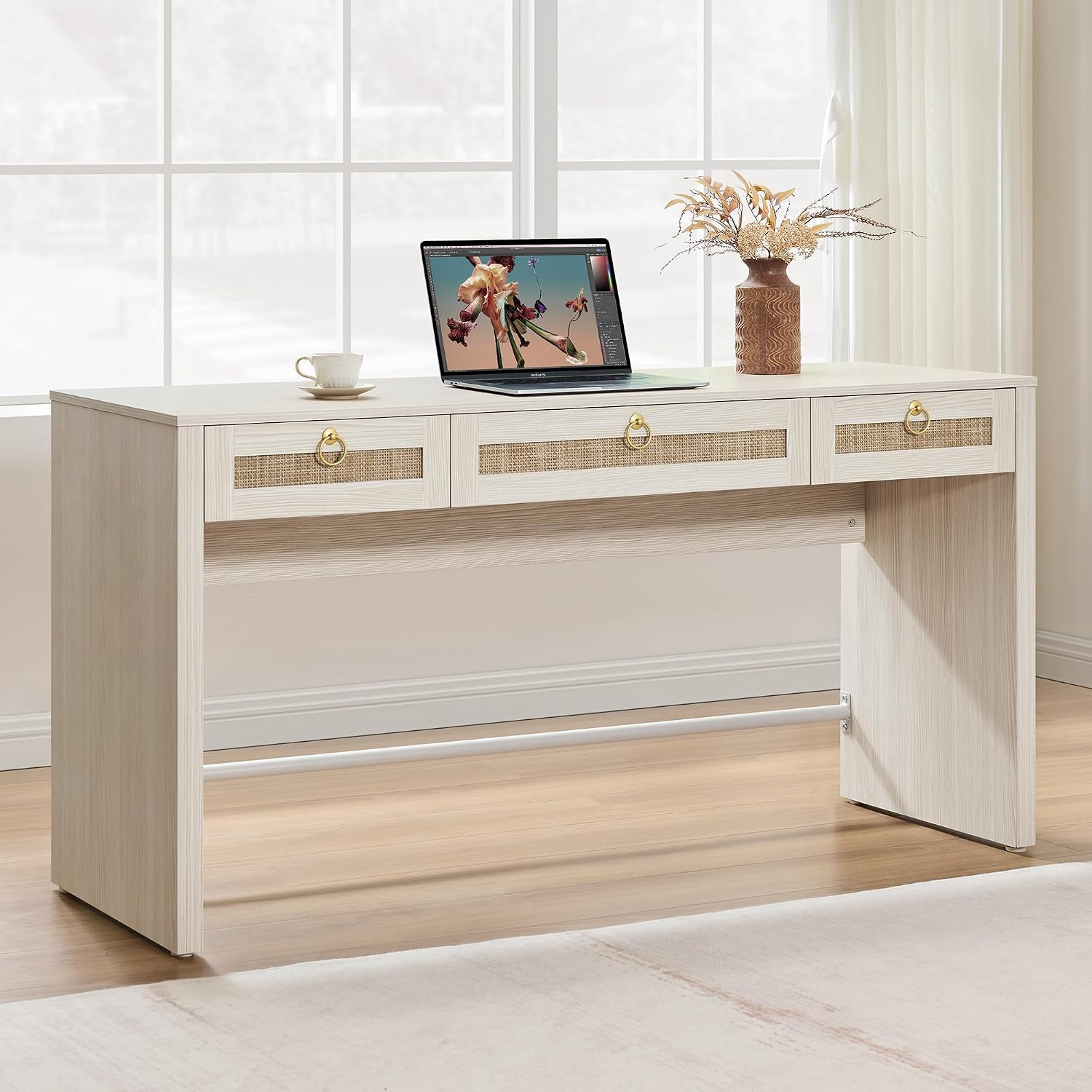 SICOTAS 60" Rattan Home Office Desk with 3 Drawers | Amazon (US)