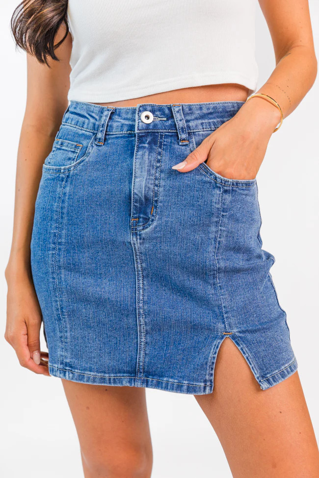 Somewhere Out There Medium Wash Side Slit Denim Skirt | Pink Lily