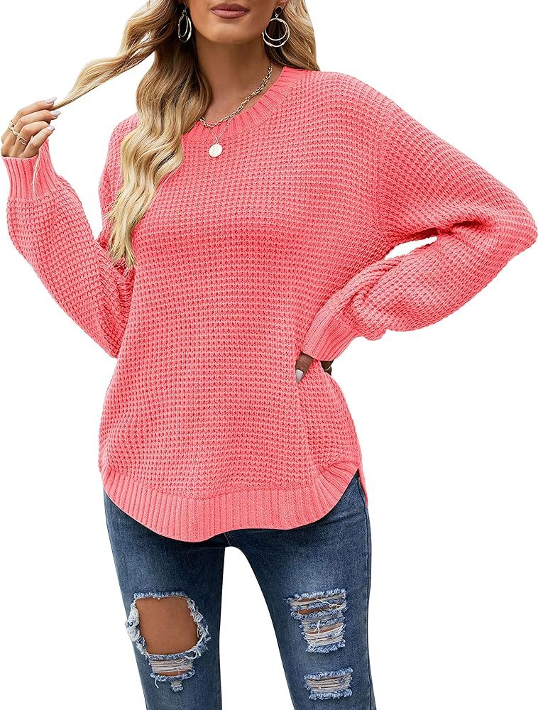 MEROKEETY Women's 2023 Fall Casual Fall Waffle Knit Sweater Long Balloon Sleeve Loose Pullover Ju... | Amazon (US)
