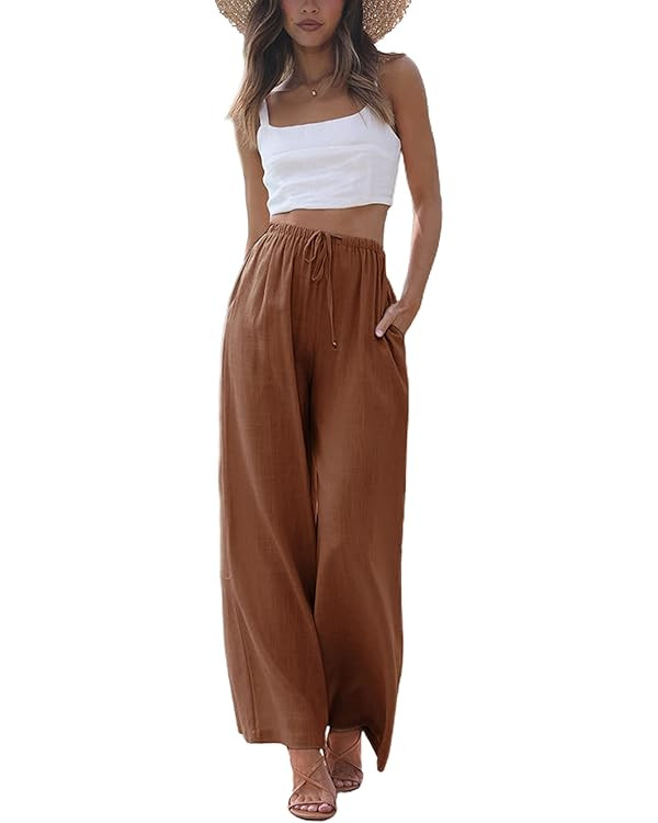 Faleave Women's Cotton Linen Summer Palazzo Pants Flowy Wide Leg Beach Trousers with Pockets | Amazon (US)