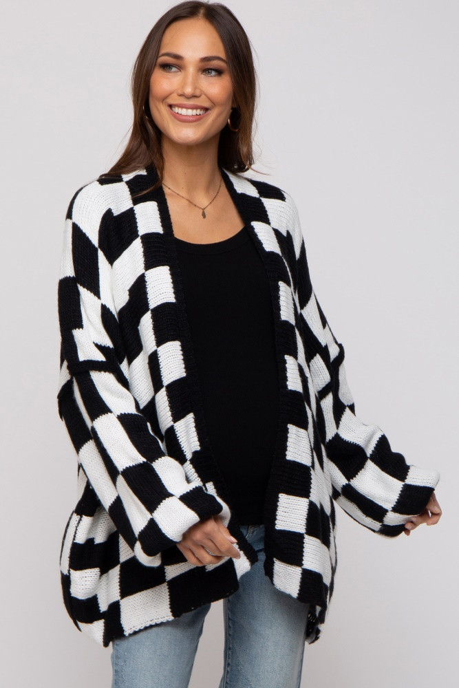 Black Checkered Print Oversized Maternity Cardigan | PinkBlush Maternity
