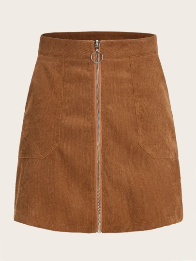 O-ring Zip Front Corduroy Straight Skirt | SHEIN