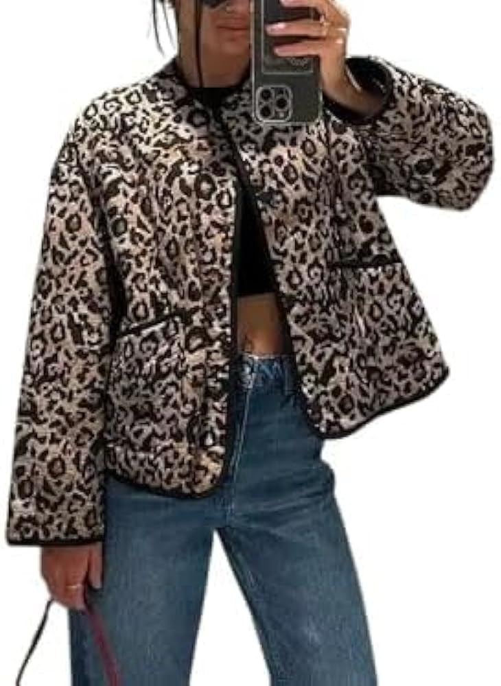 LAPRBY Women's Cropped Puffer Quilted Jacket Lightweight Leopard Printed Long Sleeve Open Front P... | Amazon (US)
