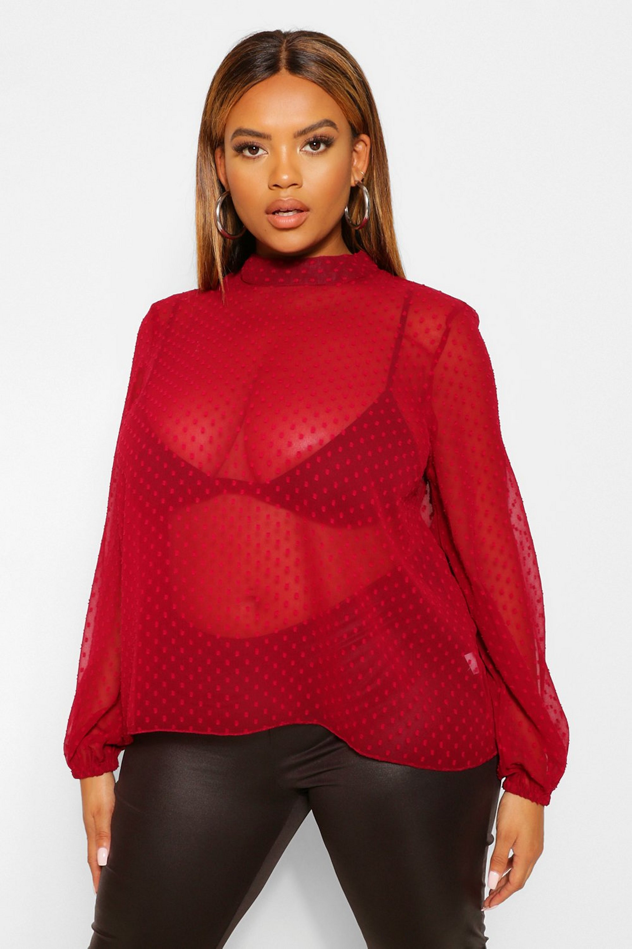 Plus Dobby Mesh High Neck Blouse | Boohoo.com (US & CA)