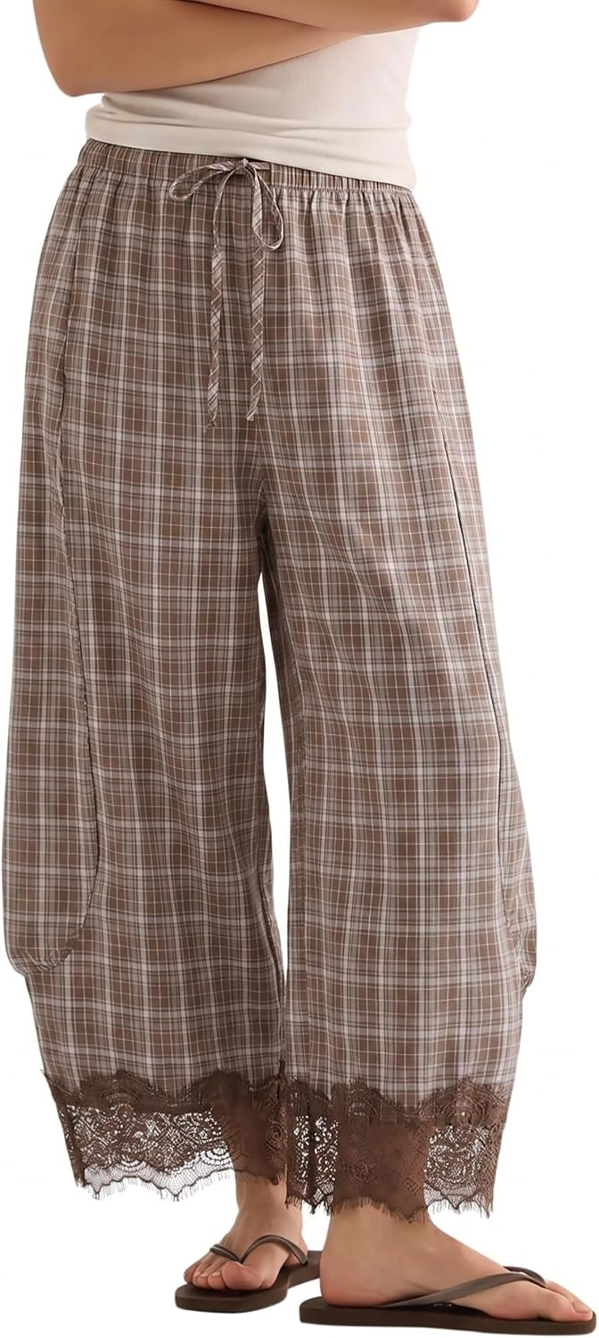 Womens Plaid Lace Hem Balloon Pants Gingham Wide Leg Harem Pant | Amazon (US)