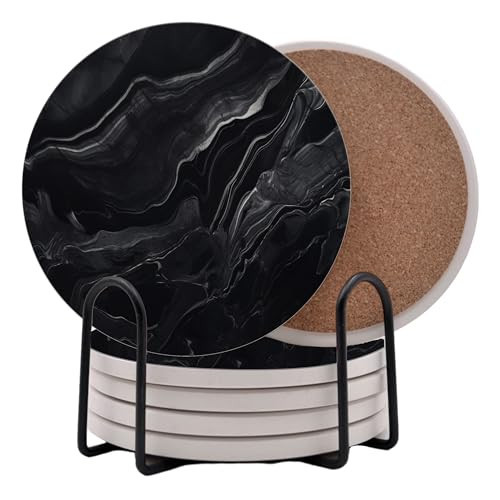 Dark Black Marble Round Coasters Set of 6 - Abosrbent Ceramic Coasters with Metal Stand for Drinks, Coffee, Non-Slip Cork Back for Tabletop Protection, 4 Inches Marbled Pattern (Black) | Amazon (US)