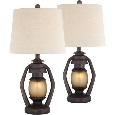 Franklin Iron Works Horace Rustic Table Lamps 25 1/4" High Set of 2 Brown with Nightlight Miner Lantern Oatmeal Drum Shade for Bedroom Living Room | Target