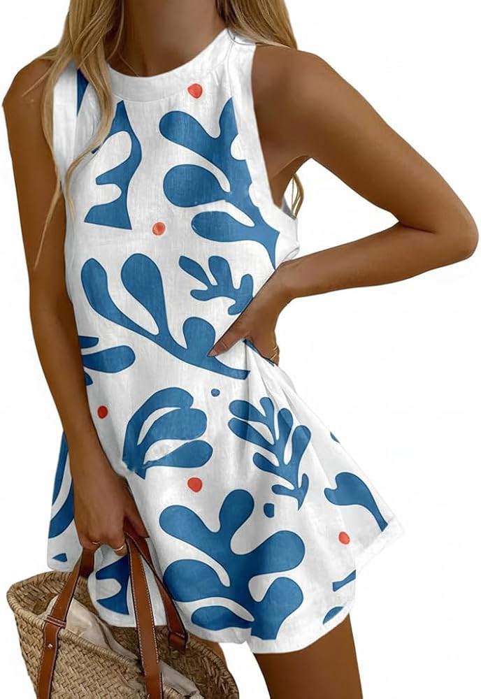 Women's Sleeveless Crew Neck Sardine Print Mini Dress Loose A Line Summer Vacation Beach Party Fu... | Amazon (US)