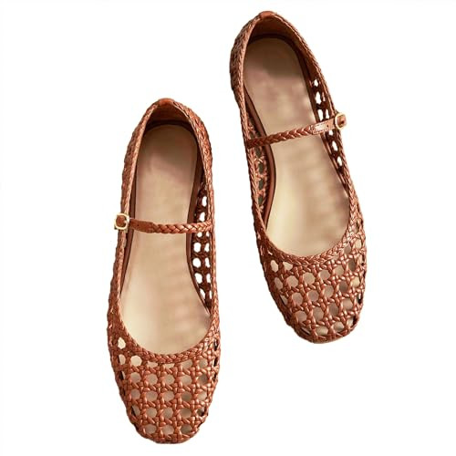 Molozoey Woven Mesh Ballet Flats for Women with Metal Buckle Strap Ballerina Flat Shoes Comfortable Round Toe Mary Jane Flat Brown. | Amazon (US)