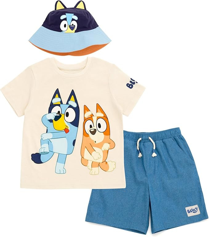 Bluey T-Shirt Chambray Shorts and Twill Bucket Sun Hat 3 Piece Outfit Set Toddler to Big Kid | Amazon (US)