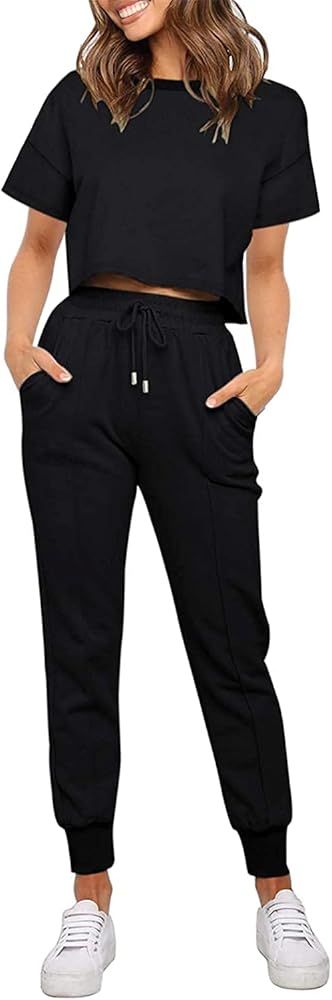 Womens Loungewear Sets Short Sleeve Crop Top and Joggers Sweatpants 2 piece Pjs Lounge Sleepwear | Amazon (US)