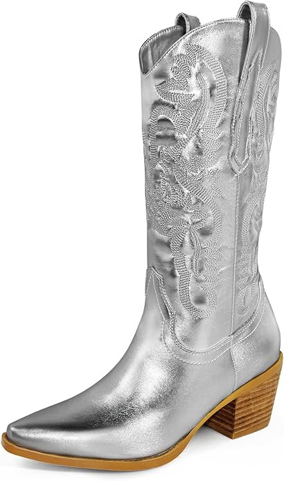 Ouepiano Cowboy Boots for Women - Wide Calf Cowgirl Boots Embroidered Mid-Calf Western Boots | Amazon (US)