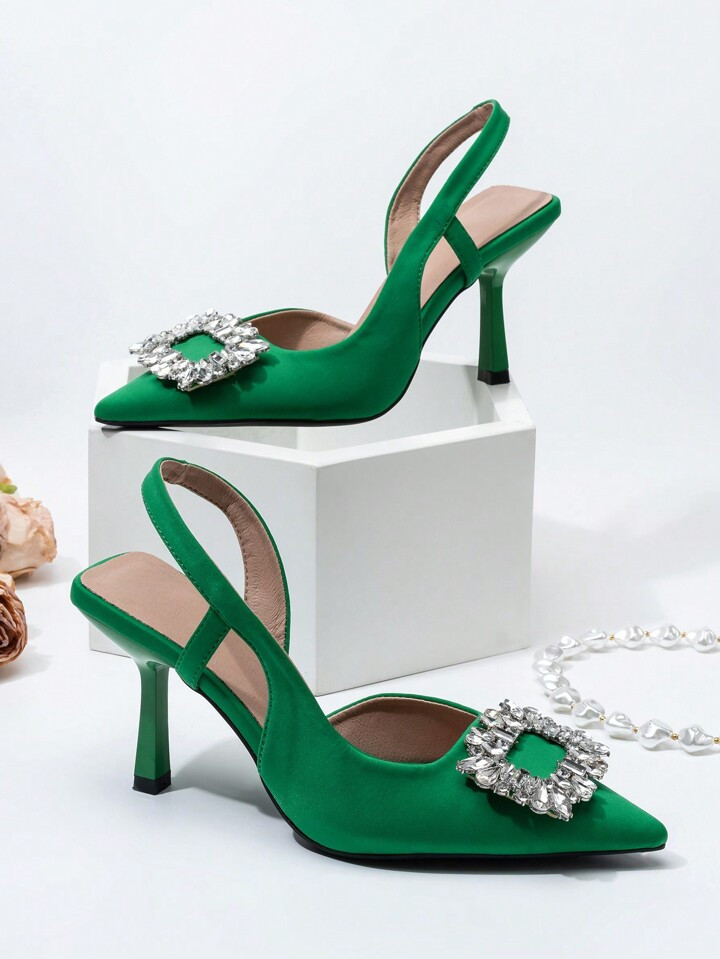 Glamorous Slingback Pumps For Women, Rhinestone Decor Pyramid Heeled Pumps | SHEIN