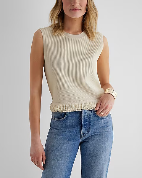 Ribbed Crew Neck Fringe Sweater Tank | Express