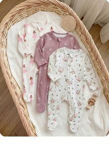SHEIN 3pcs Newborn Baby Girl Cute Casual Knitted Ditsy Floral Long Sleeve Romper Set | SHEIN