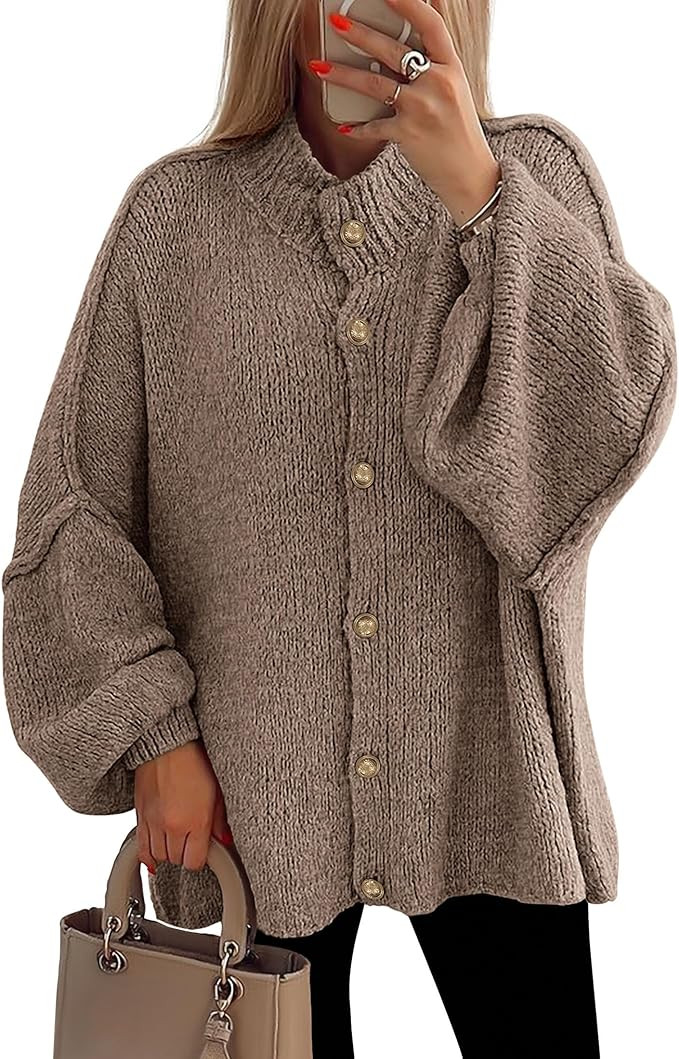 PRETTYGARDEN Women's Winter Button Down Cardigan Sweaters Mock Neck Lantern Long Sleeve Chunky Kn... | Amazon (US)