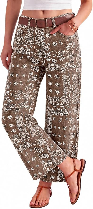 Tankaneo Womens Baggy Wide Leg Jeans Floral Print Boho High Waist Vintage Boyfriend Denim Pants w... | Amazon (US)