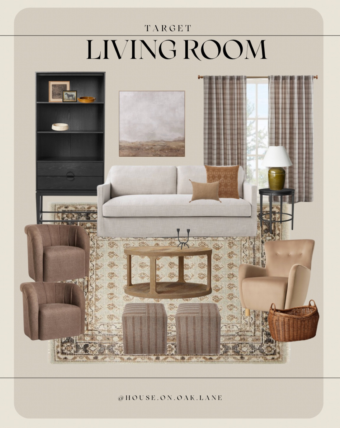 Target living room styling 

Studio mcgee curved brown chair velvet tan beige cube ottoman plaid drapery black cabinet shelf slope arm sofa vintage style rug abstract landscape art 

#LTKSeasonal #LTKsalealert #LTKstyletip