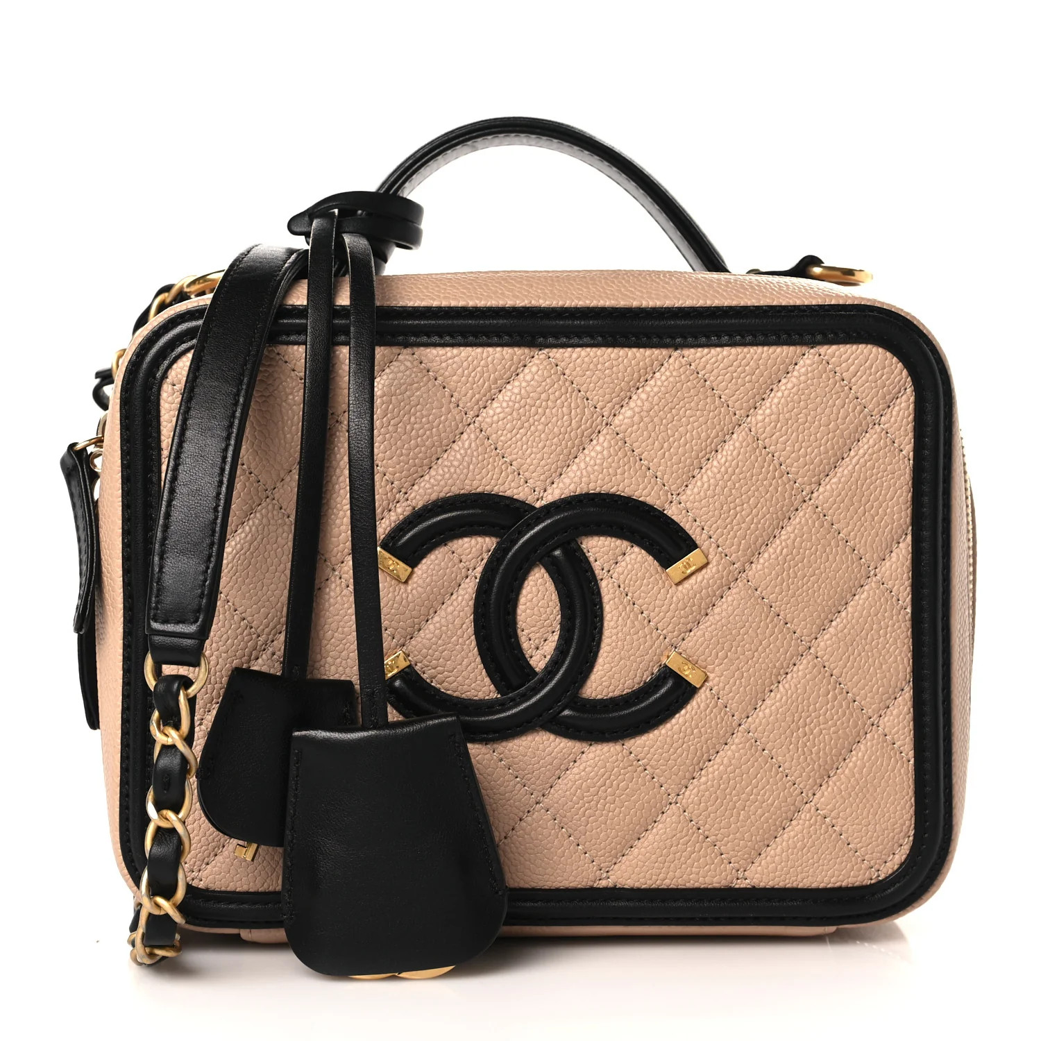 Caviar Quilted Medium CC Filigree Vanity Case Beige Black | FASHIONPHILE (US)