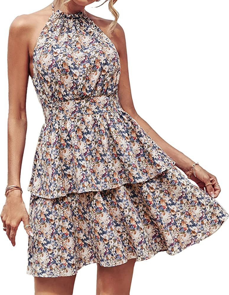 PRETTYGARDEN Summer Boho Floral Sundress White And Blue Floral Dress Sunday Dress Sunday Outfit | Amazon (US)