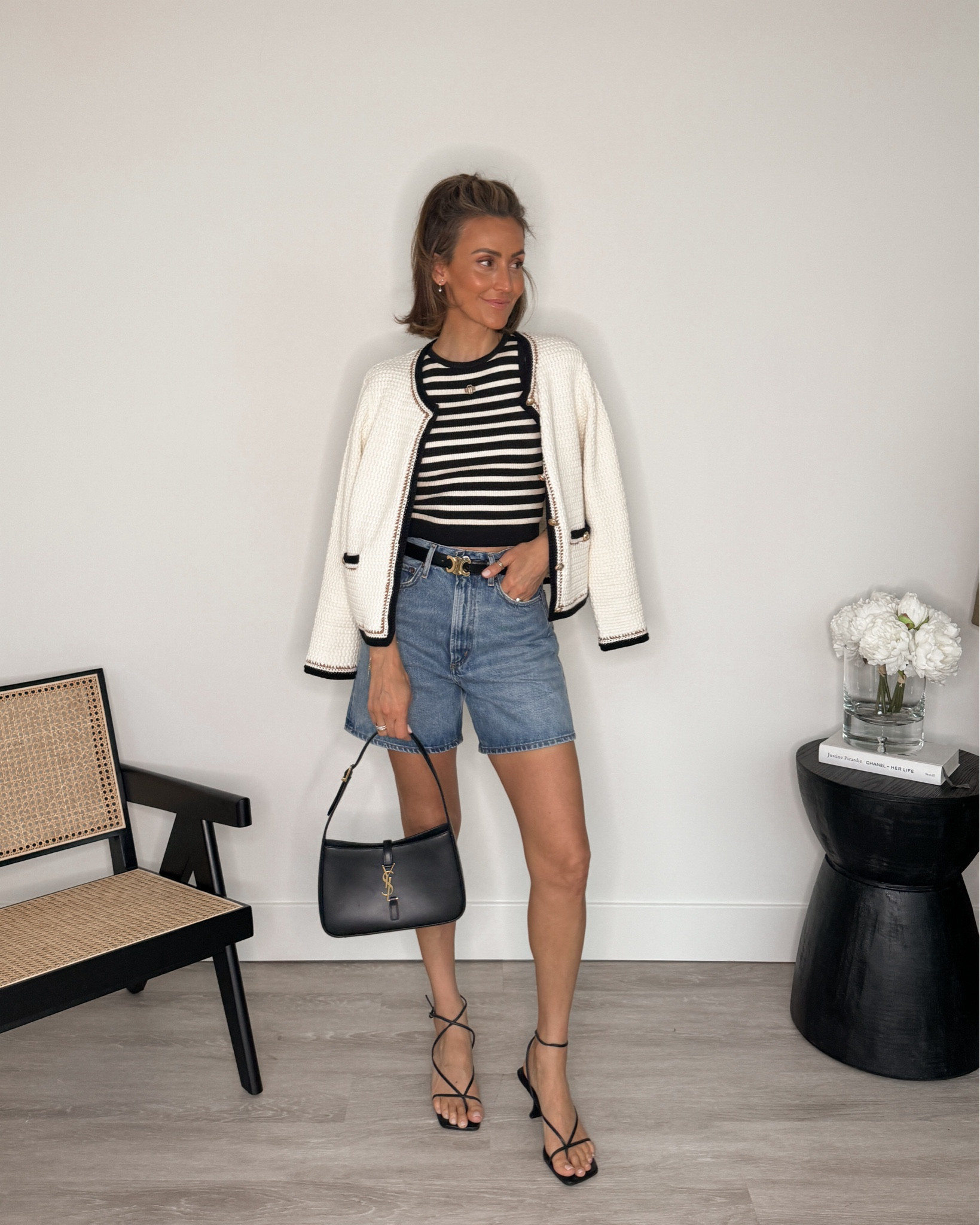 How to elevate your denim shorts
Stripped tank XS 
Crochet square cut jacket XS 
Shorts baggy style tts/25
Kitten heel sandals 
Spring chic outfit 


#LTKStyleTip #LTKItBag #LTKSeasonal