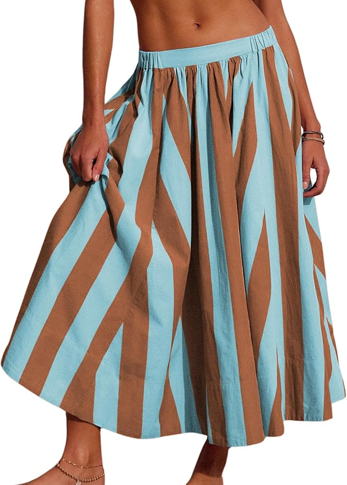 Hongsui Women's A Line Rainbow Striped Maxi Skirt Elastic Waist Flowy Beach Vacation Summer Skirt | Amazon (US)