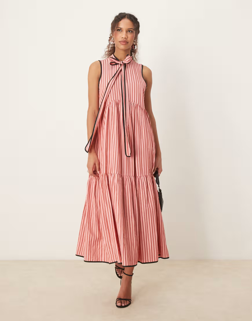 Sister Jane - Gestreepte midi-jurk met contrast en strik in roze | ASOS (Global)