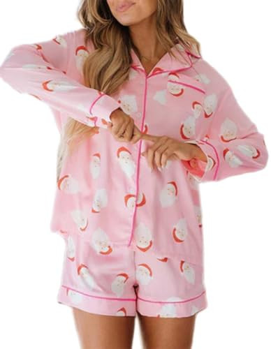 Yiulangde Women Christmas PJs Sets Pink Santa Claus Pajamas Silk Long Sleeve Shirt Top and Shorts Pajama 2 Piece Lounge Set Sleepwear | Amazon (US)
