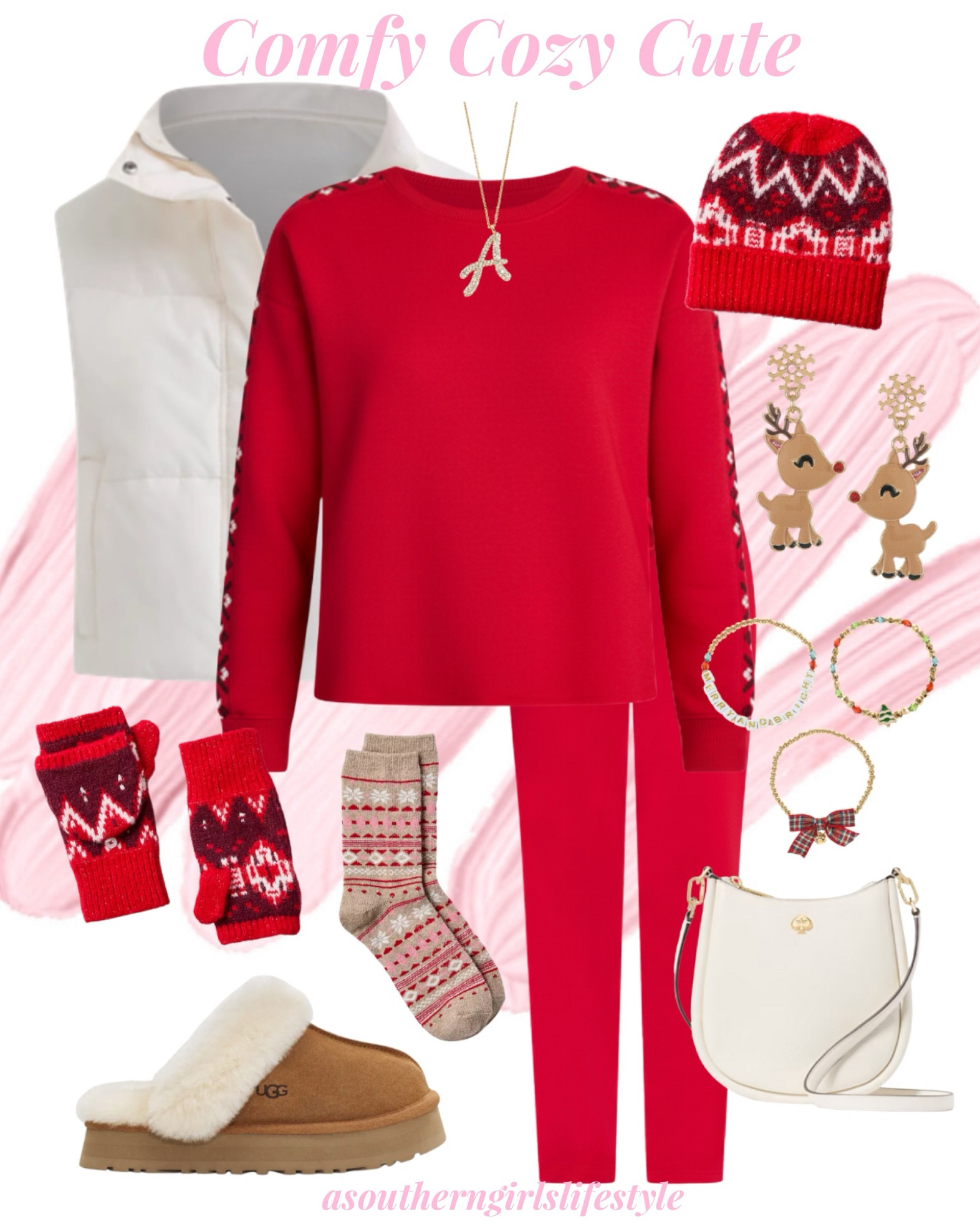 Comfy Cozy Cute in Red for the Holiday Season right through Winter with a change of Earrings/Bracelet! (Swipe) Most items are on Sale! 

Puffer Vest, Fair Isle Elite Fleece Dolman Sweatshirt, Fleece Pants, Initial Earrings, Fair Isle Beanie & Matching Gloves, Rudolph Earrings, Christmas Charm Bracelets, Crossbody Purse, Socks & UGG Slippers

Weekend Wear. Loungewear. 

#LTKSaleAlert #LTKHoliday #LTKOver40