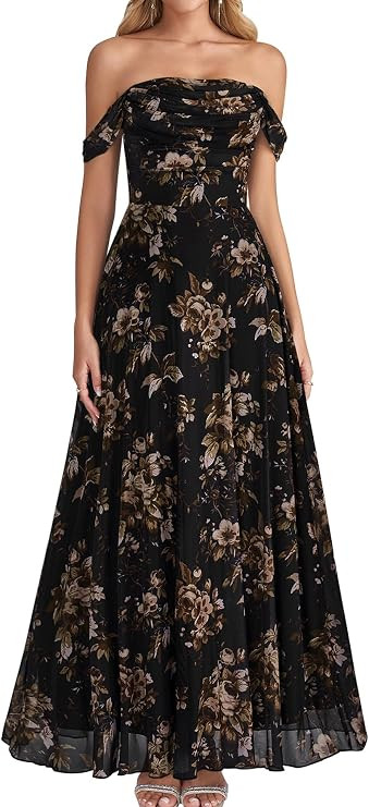 EYNMIN Women's Off Shoulder Flowy Maxi Long Formal Wedding Guest Dresses | Stretchy Mesh,Fully Li... | Amazon (US)