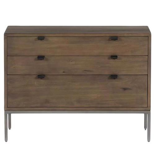 Theodore Industrial Loft Brown Wood Grey Iron Leather Pulls 3 Drawer Wide Nighstand | Kathy Kuo Home