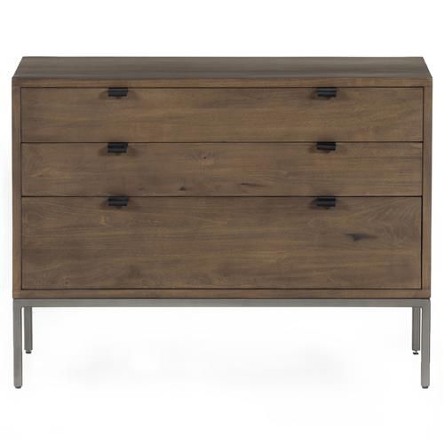 Theodore Industrial Loft Brown Wood Grey Iron Leather Pulls 3 Drawer Wide Nighstand | Kathy Kuo Home