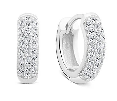Tilo Jewelry Solid 925 Sterling Silver Round Pave Huggie Hoop Earrings with Cubic Zirconia CZ Sto... | Walmart (US)