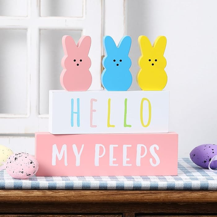 Easter Decorations-5PCS Wooden Block Sign-Cute Peep Wooden Bunny Set for Spring Easter Home Tiere... | Amazon (US)
