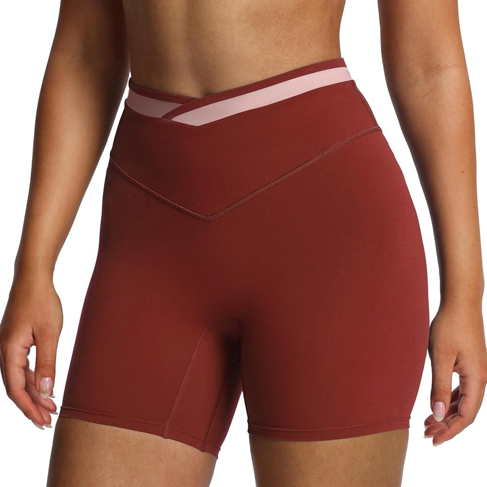 Aoxjox Velma Workout Biker Shorts for Women Color Block Cross-Waist High Waisted Exercise Gym Run... | Amazon (US)