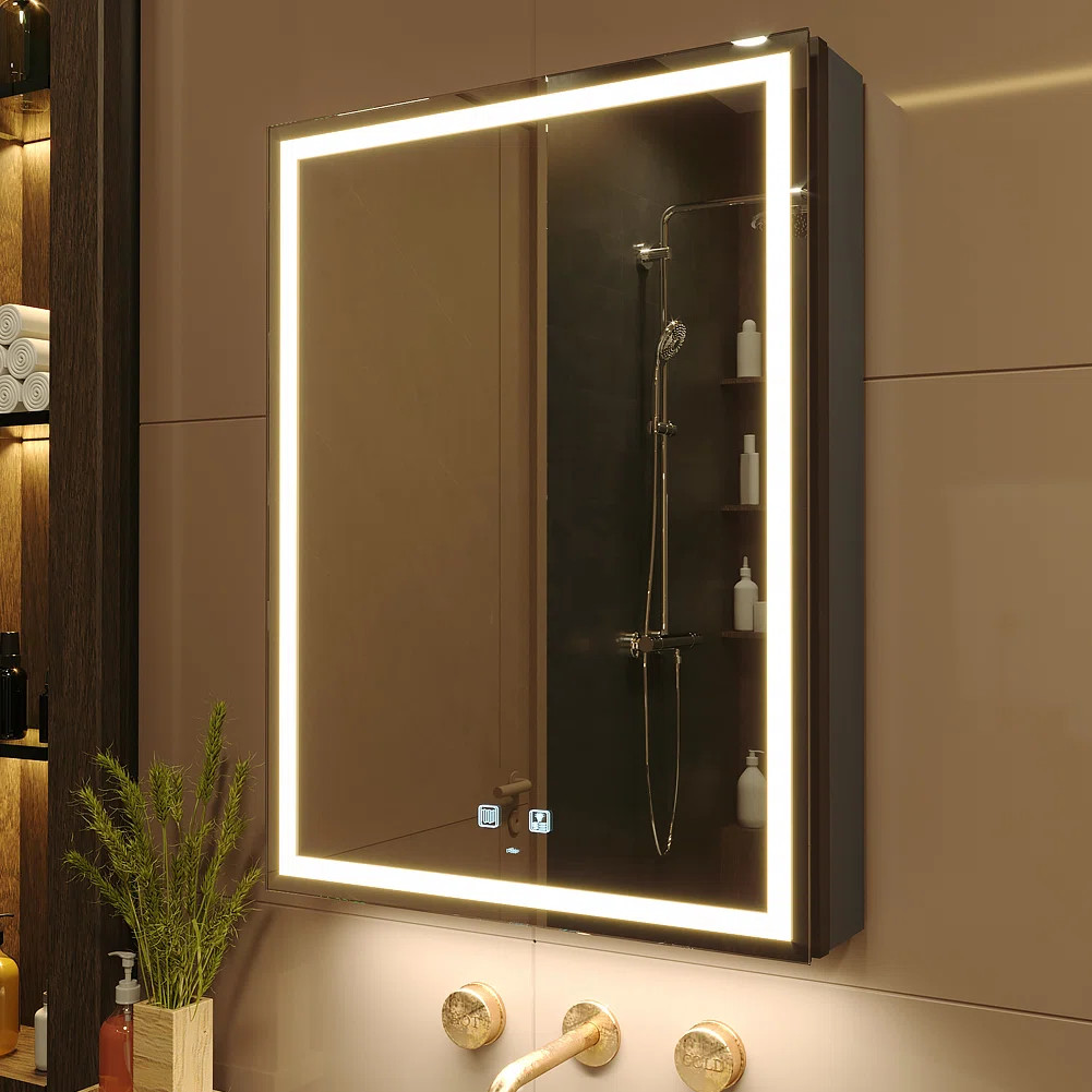 Wrought Studio™ David-Christian LED Lighted Bathroom Medicine Cabinet with Mirror, Defogger, Di... | Wayfair North America